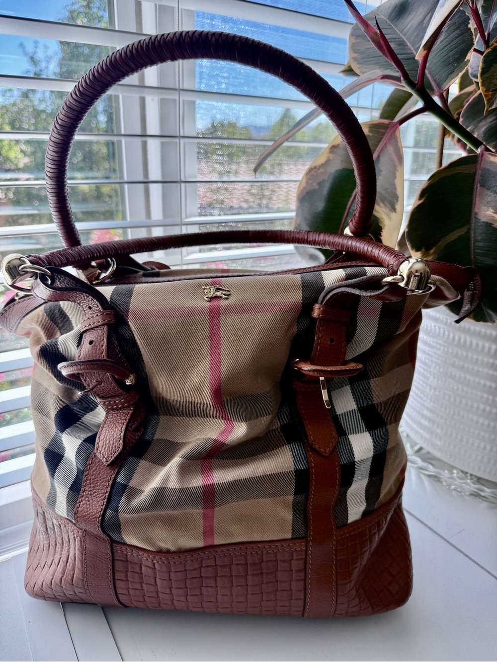 Burberry Beige Check Tote with Brown Leather Trim